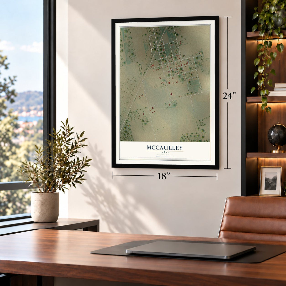 McCaulley, Texas map, 18 x 24 inch print in a black frame in a home office