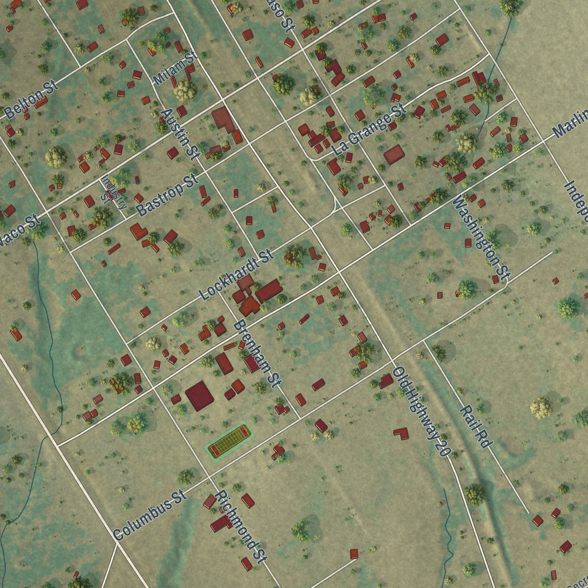 Close-up of the map of McDade, Texas print showing street and building detail