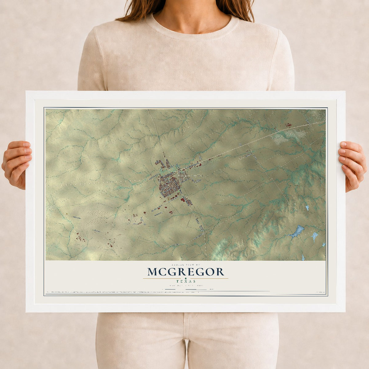 Map of McGregor, Texas, 12 x 18 inch print in a white wood frame
