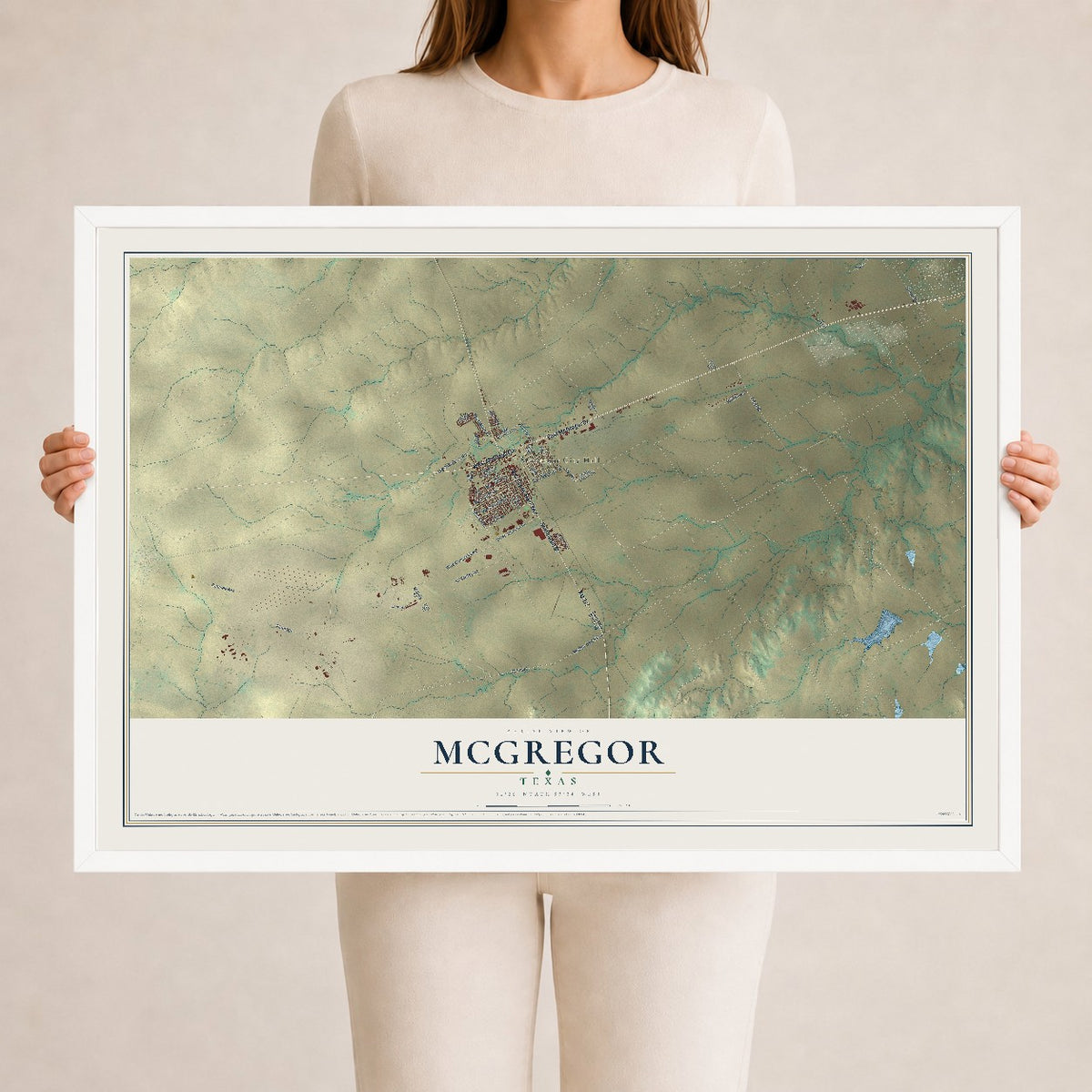 Map of McGregor, Texas, 24 x 36 inch print in a white wood frame