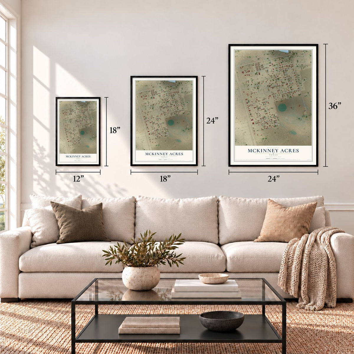 McKinney Acres, Texas map in 12 x 18, 18 x 24 and 24 x 36 inch sizes above a sofa