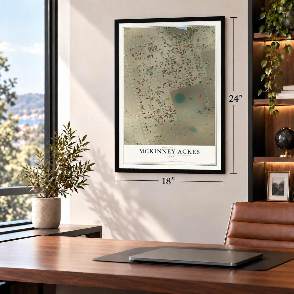 McKinney Acres, Texas map, 18 x 24 inch print in a black frame in a home office