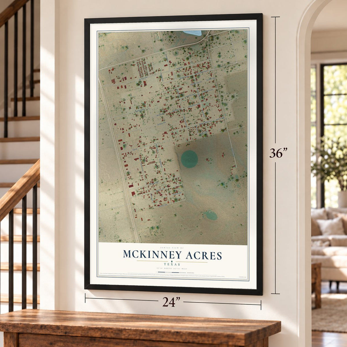 McKinney Acres, Texas map, 24 x 36 inch print in a black frame by a staircase