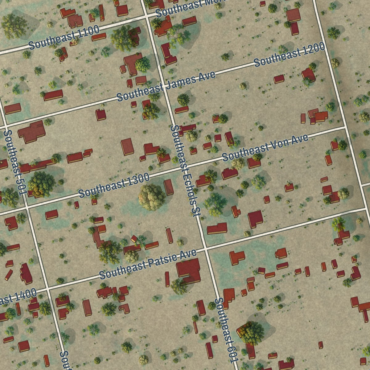 Close-up of the map of McKinney Acres, Texas print showing street and building detail