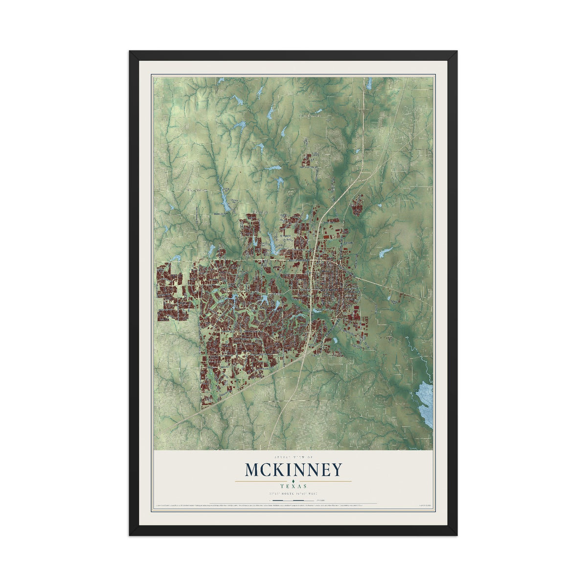 Map of McKinney, Texas, 12 x 18 inch print in a black wood frame