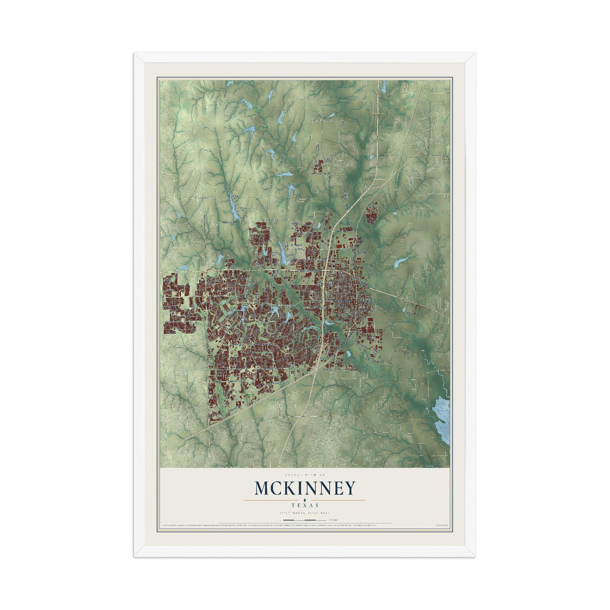 Map of McKinney, Texas, 12 x 18 inch print in a white wood frame