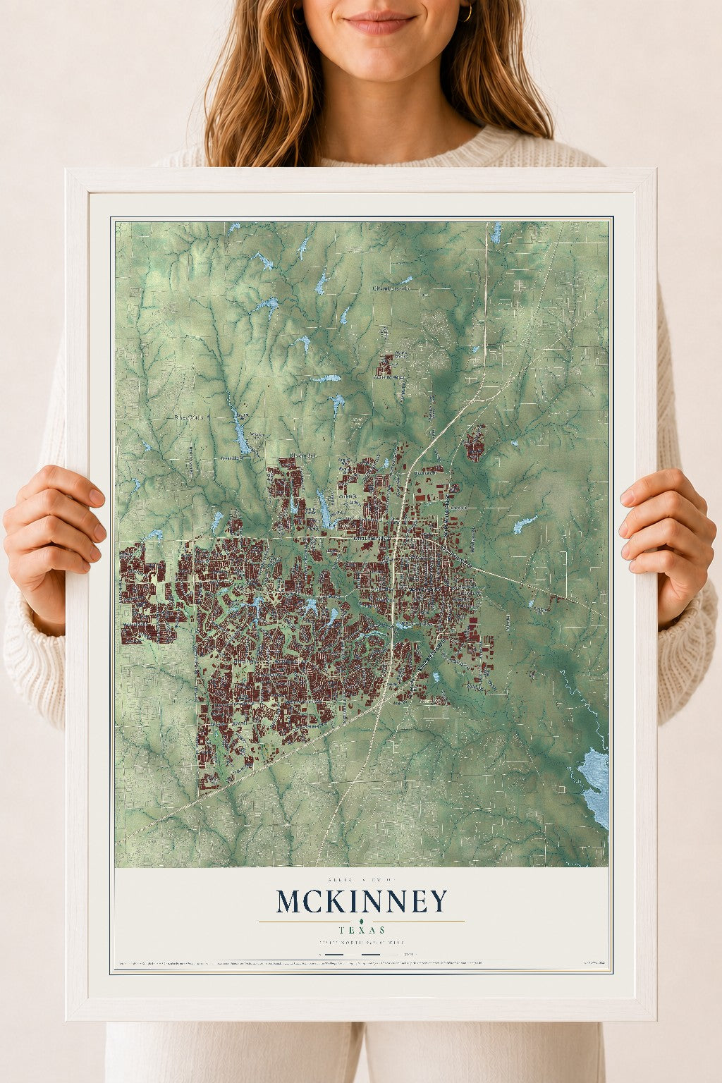 Map of McKinney, Texas, 18 x 24 inch print in a white wood frame