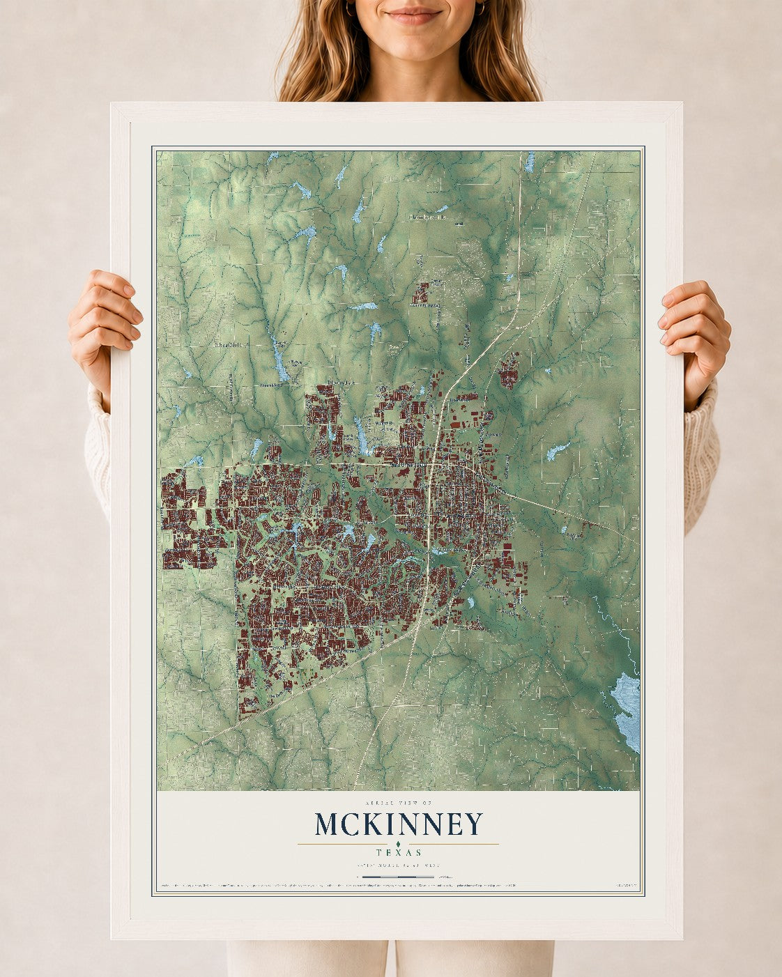 Map of McKinney, Texas, 24 x 36 inch print in a white wood frame