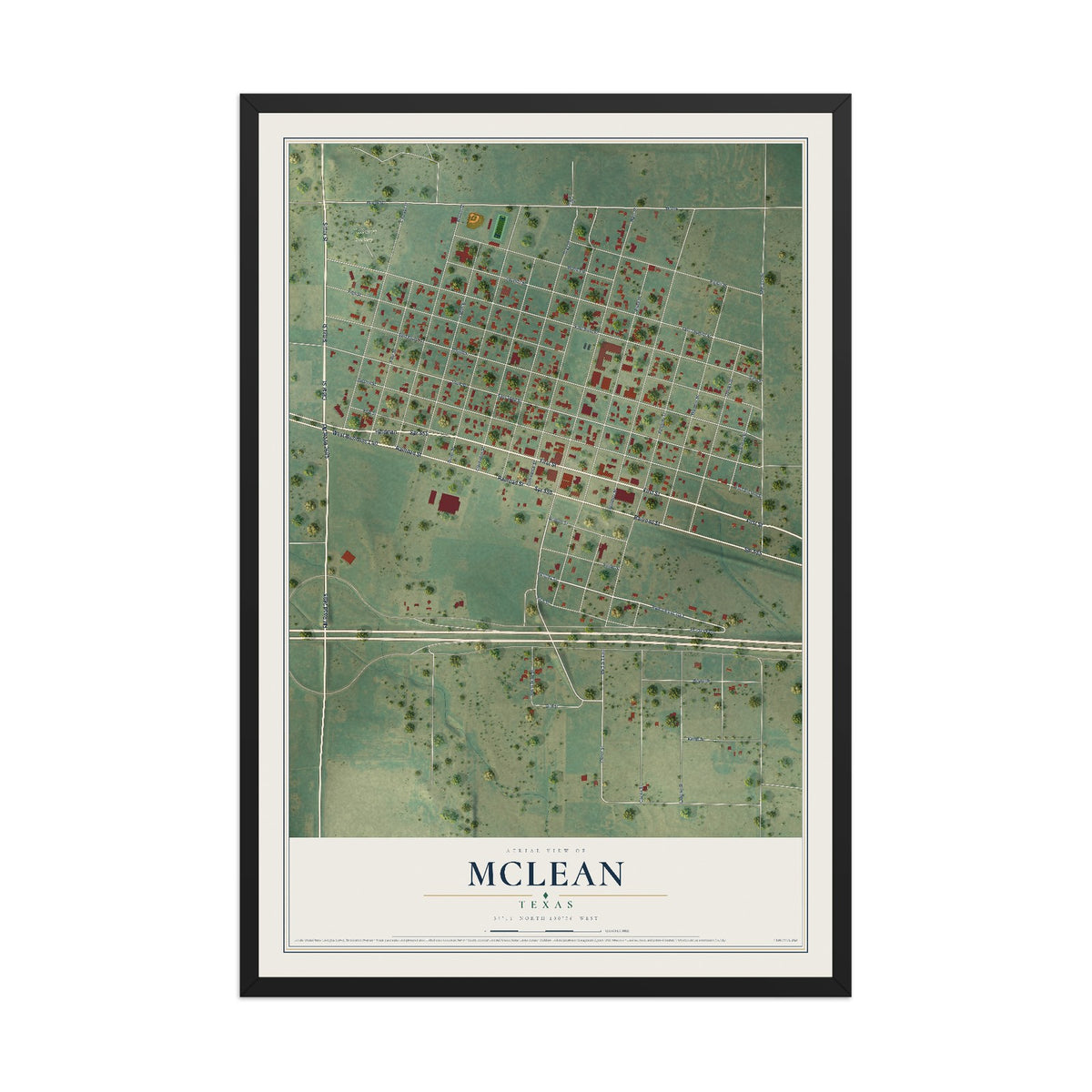 Map of McLean, Texas, 12 x 18 inch print in a black wood frame