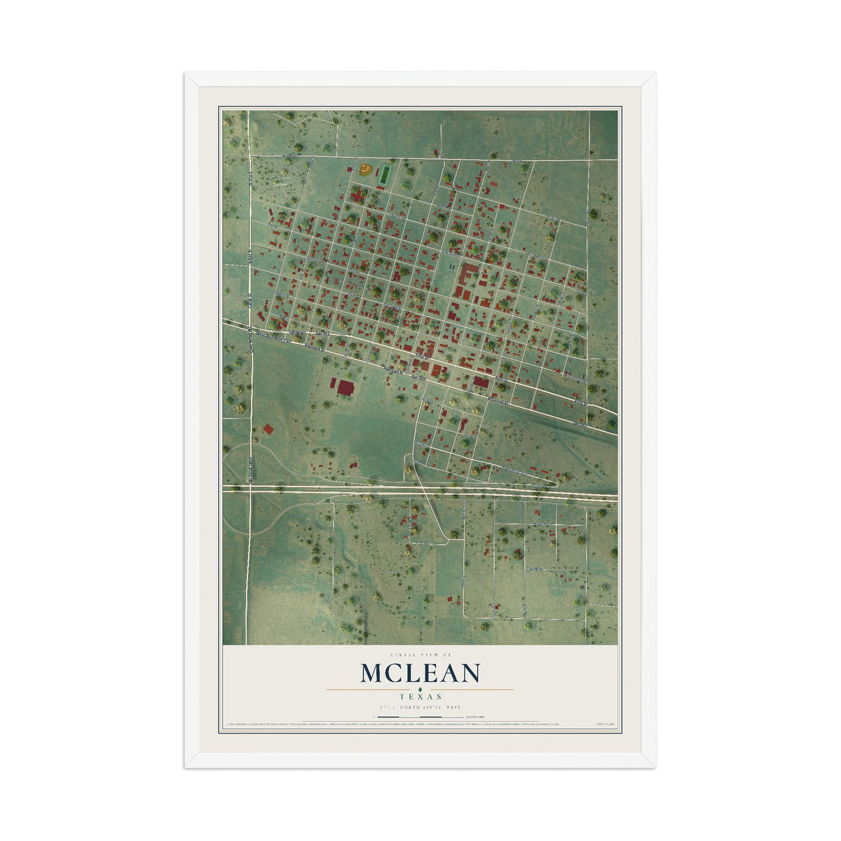 Map of McLean, Texas, 12 x 18 inch print in a white wood frame