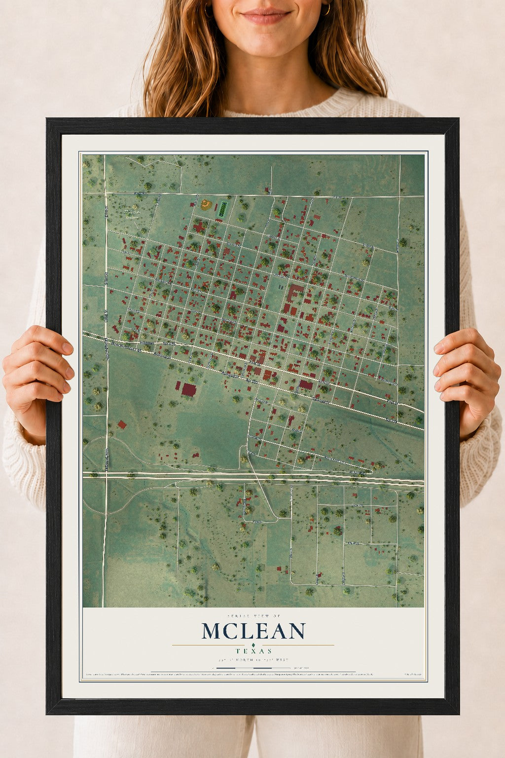 Map of McLean, Texas, 18 x 24 inch print in a black wood frame