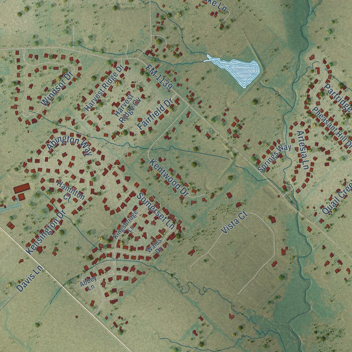 Close-up of the map of McLendon-Chisholm, Texas print showing street and building detail