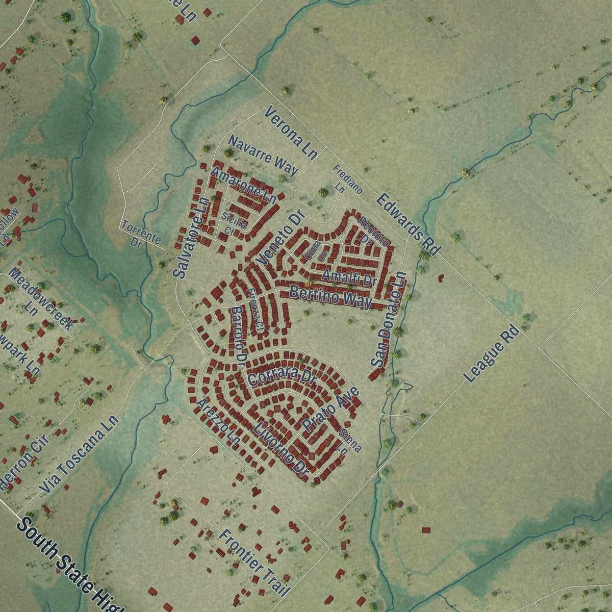 Second close-up of the map of McLendon-Chisholm, Texas print showing more streets and buildings