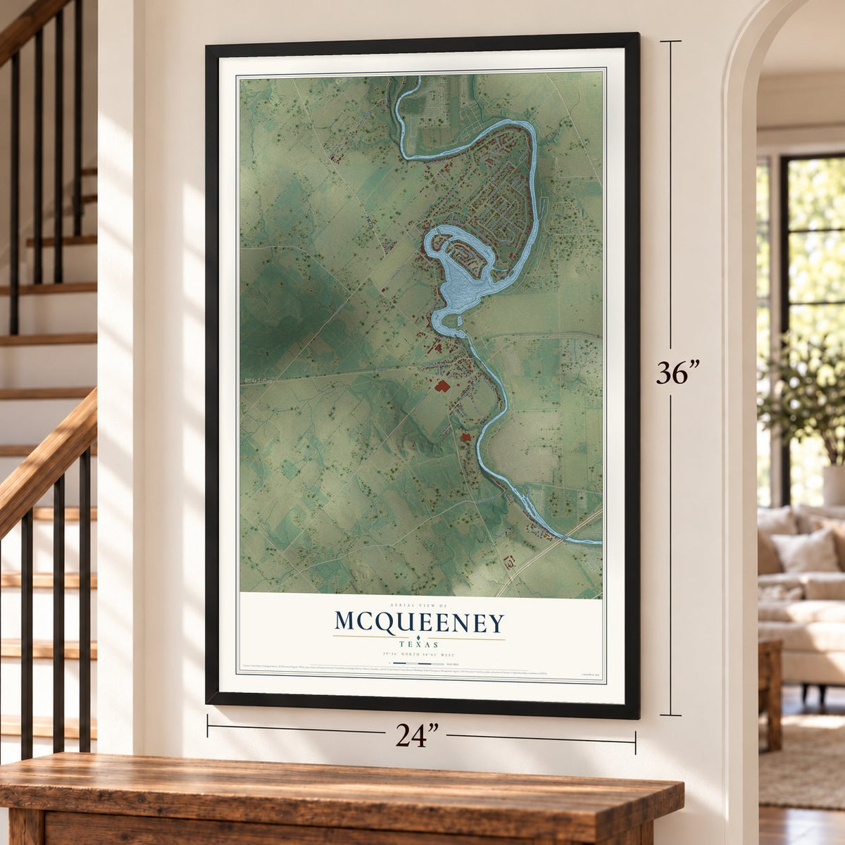 McQueeney, Texas map, 24 x 36 inch print in a black frame by a staircase