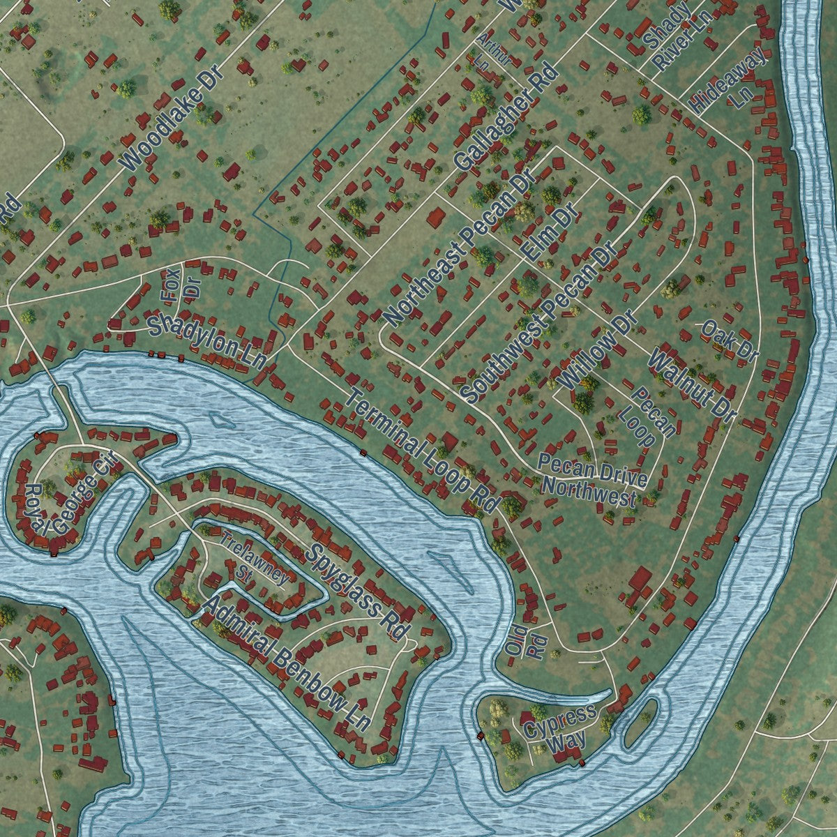Close-up of the map of McQueeney, Texas print showing street and building detail