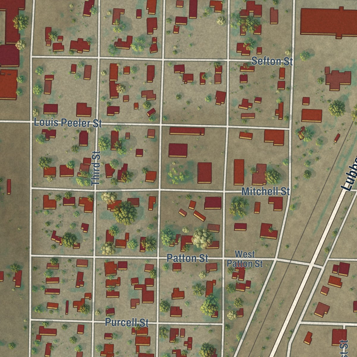 Close-up of the map of Meadow, Texas print showing street and building detail