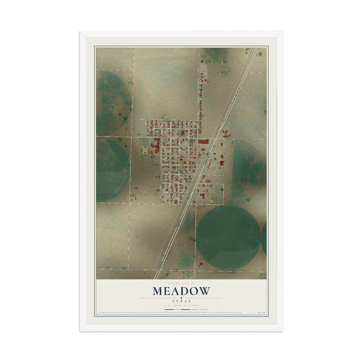 Map of Meadow, Texas, 12 x 18 inch print in a white wood frame
