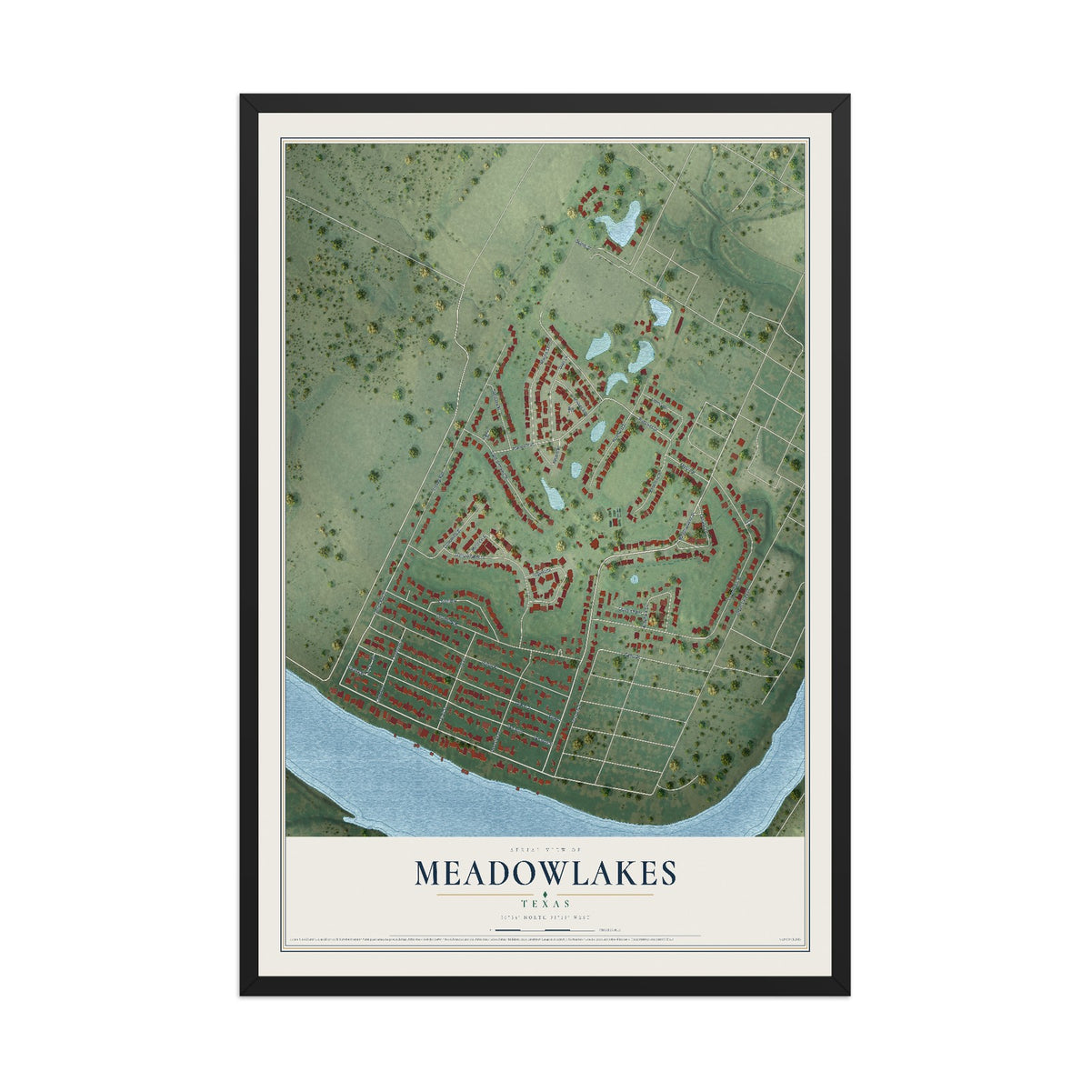 Map of Meadowlakes, Texas, 12 x 18 inch print in a black wood frame