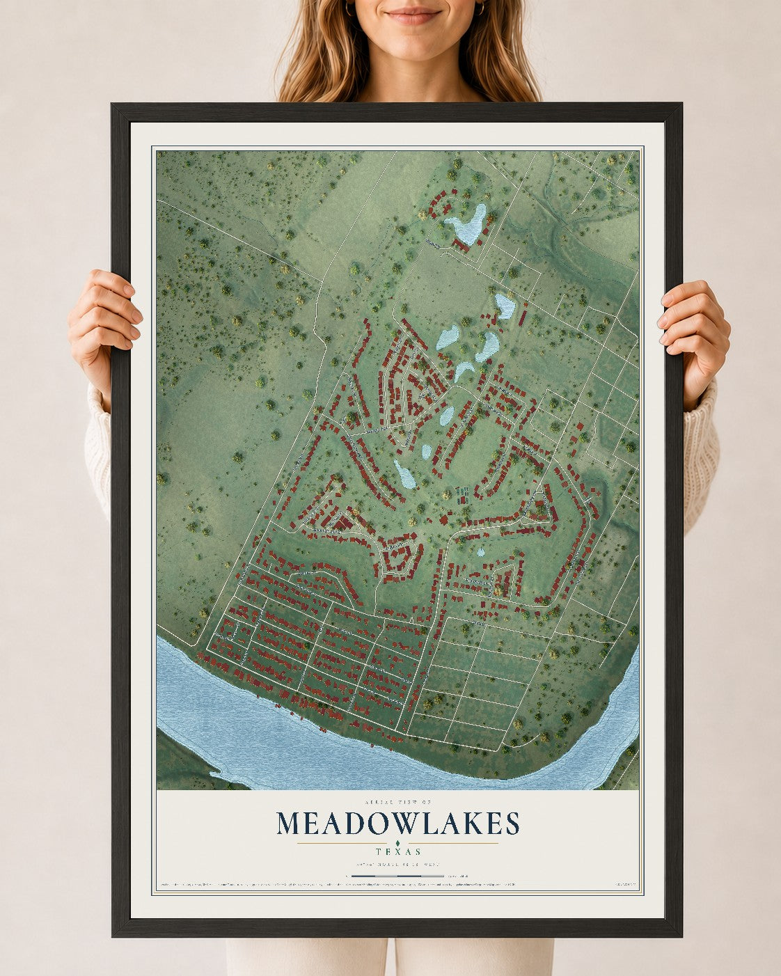 Map of Meadowlakes, Texas, 24 x 36 inch print in a black wood frame