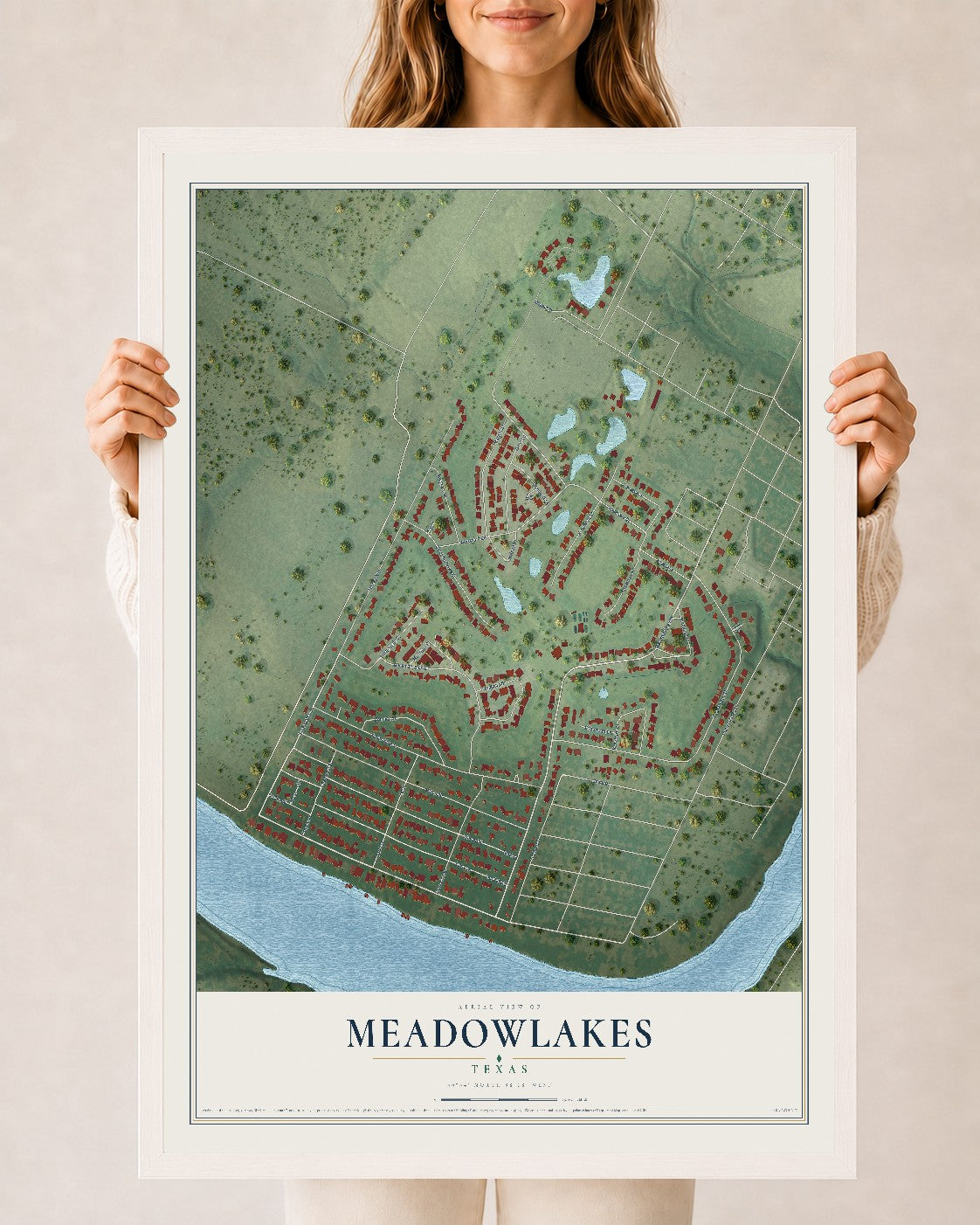 Map of Meadowlakes, Texas, 24 x 36 inch print in a white wood frame