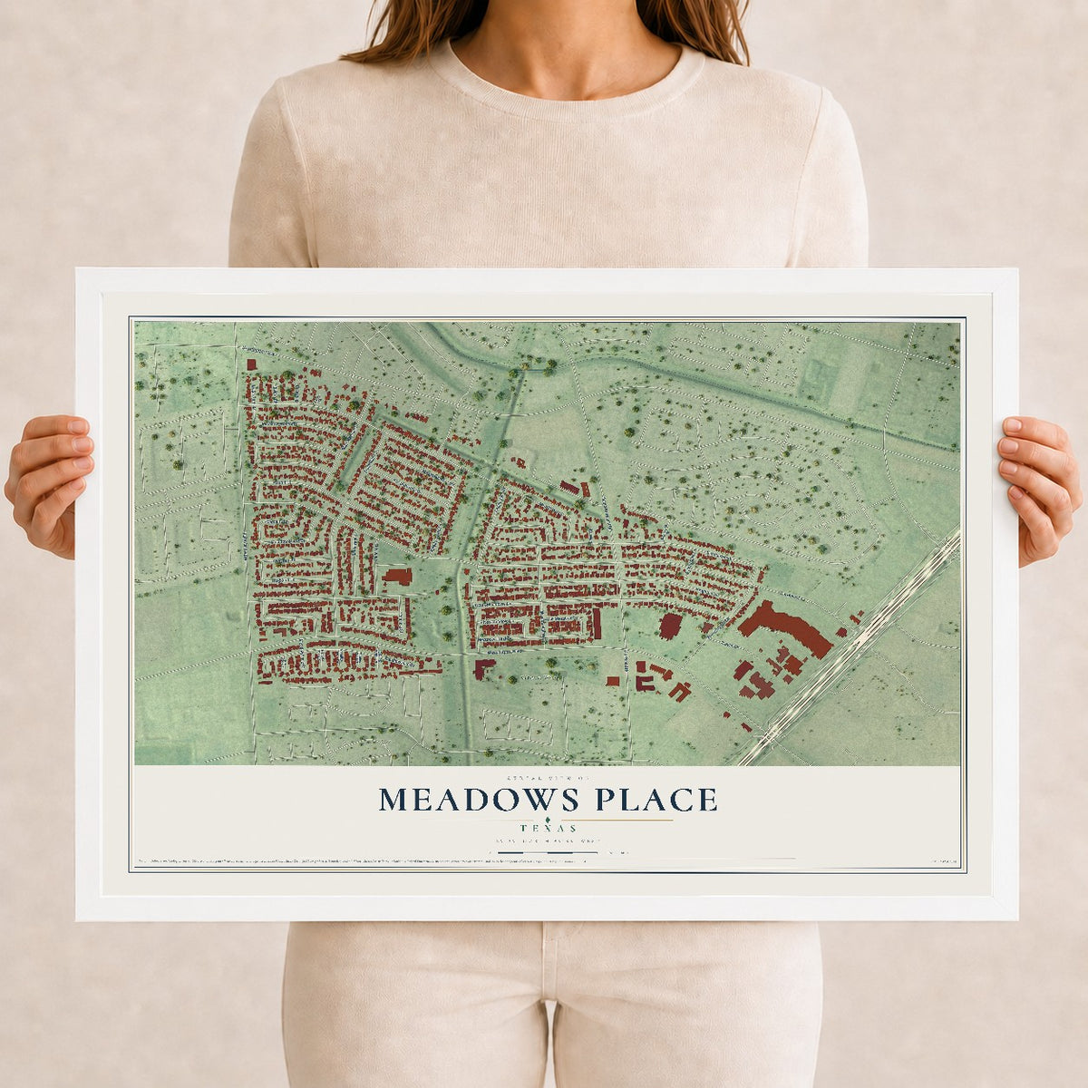 Map of Meadows Place, Texas, 12 x 18 inch print in a white wood frame