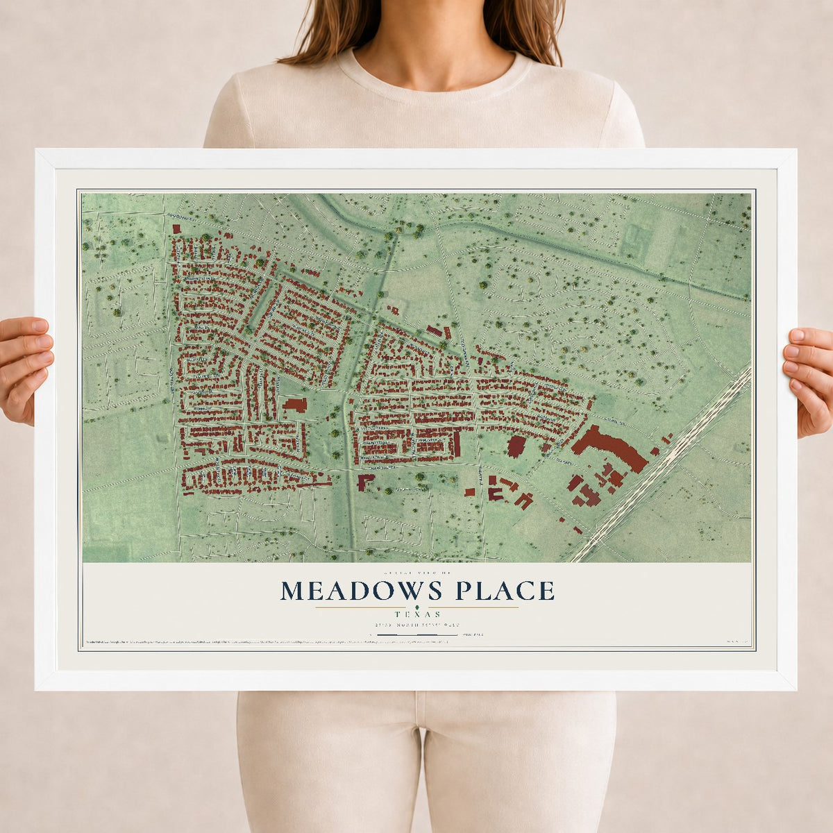 Map of Meadows Place, Texas, 18 x 24 inch print in a white wood frame