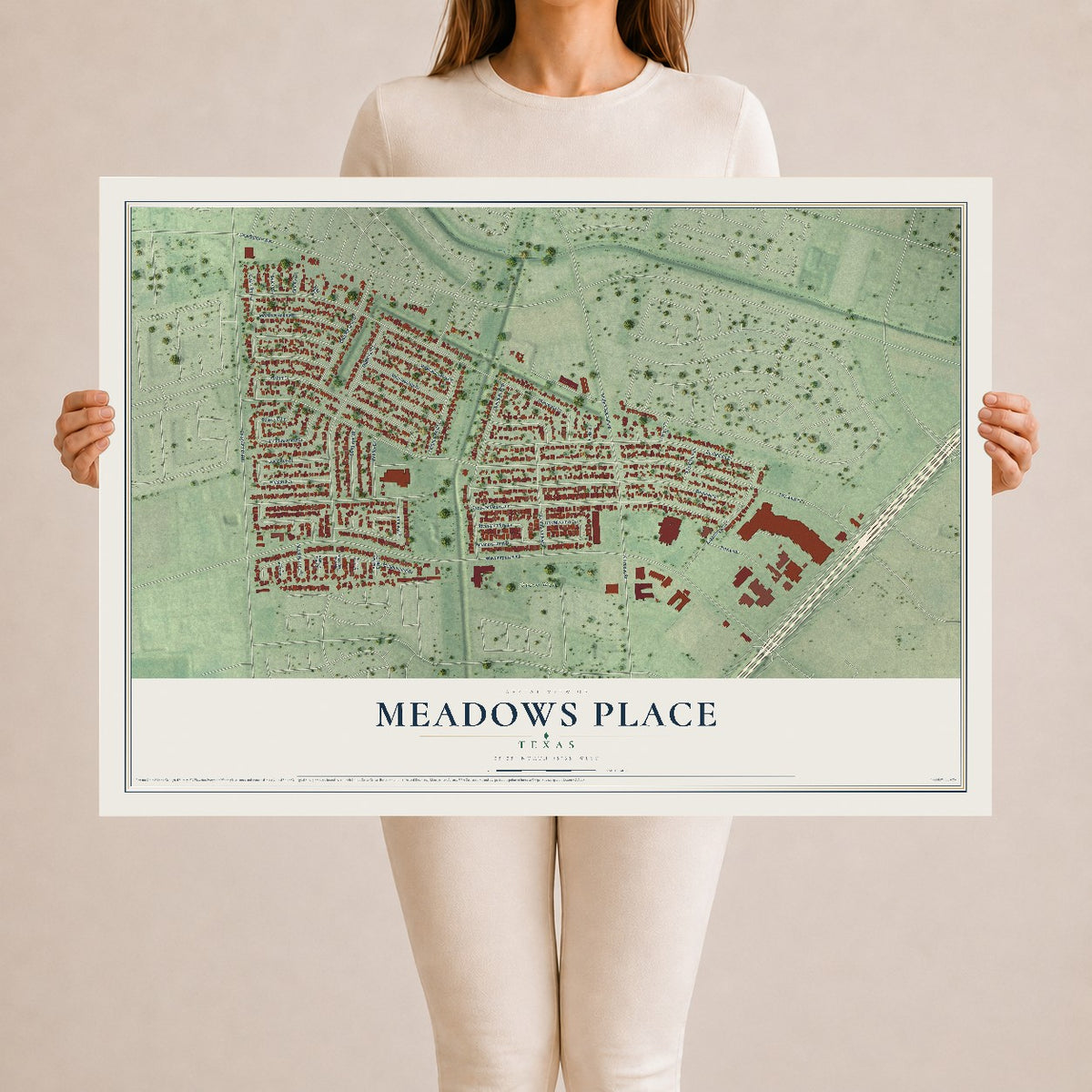 Map of Meadows Place, Texas, 24 x 36 inch unframed archival matte print