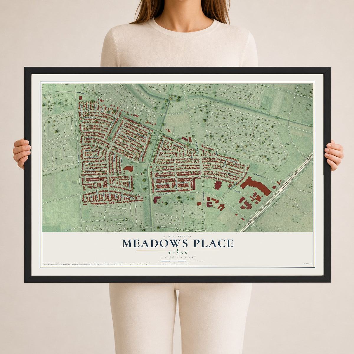 Map of Meadows Place, Texas, 24 x 36 inch print in a black wood frame