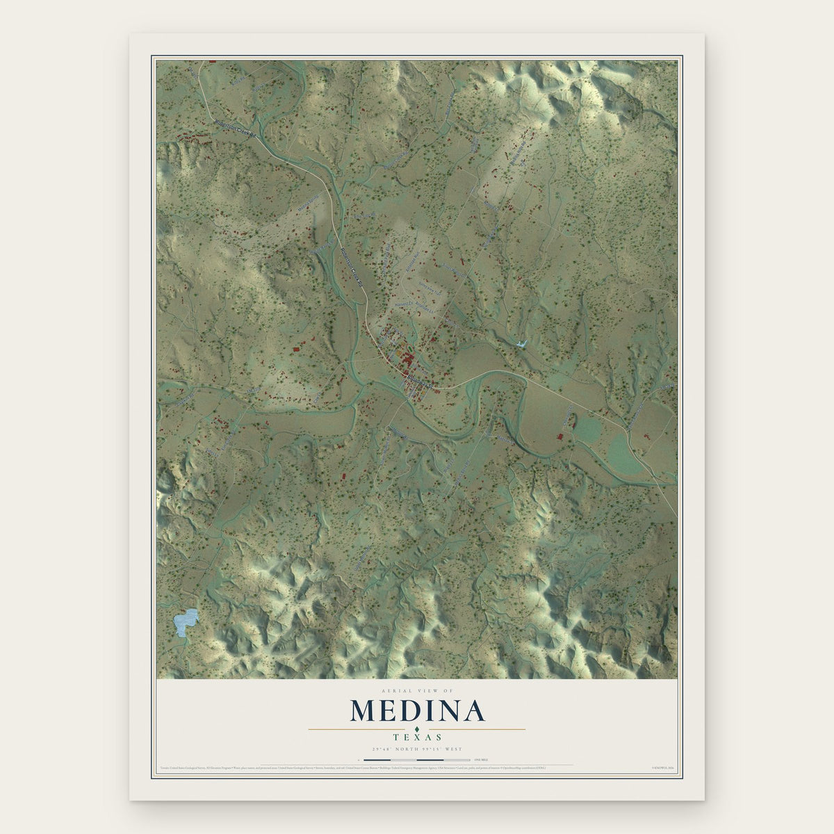 Medina, Bandera County, Texas map print, the full design