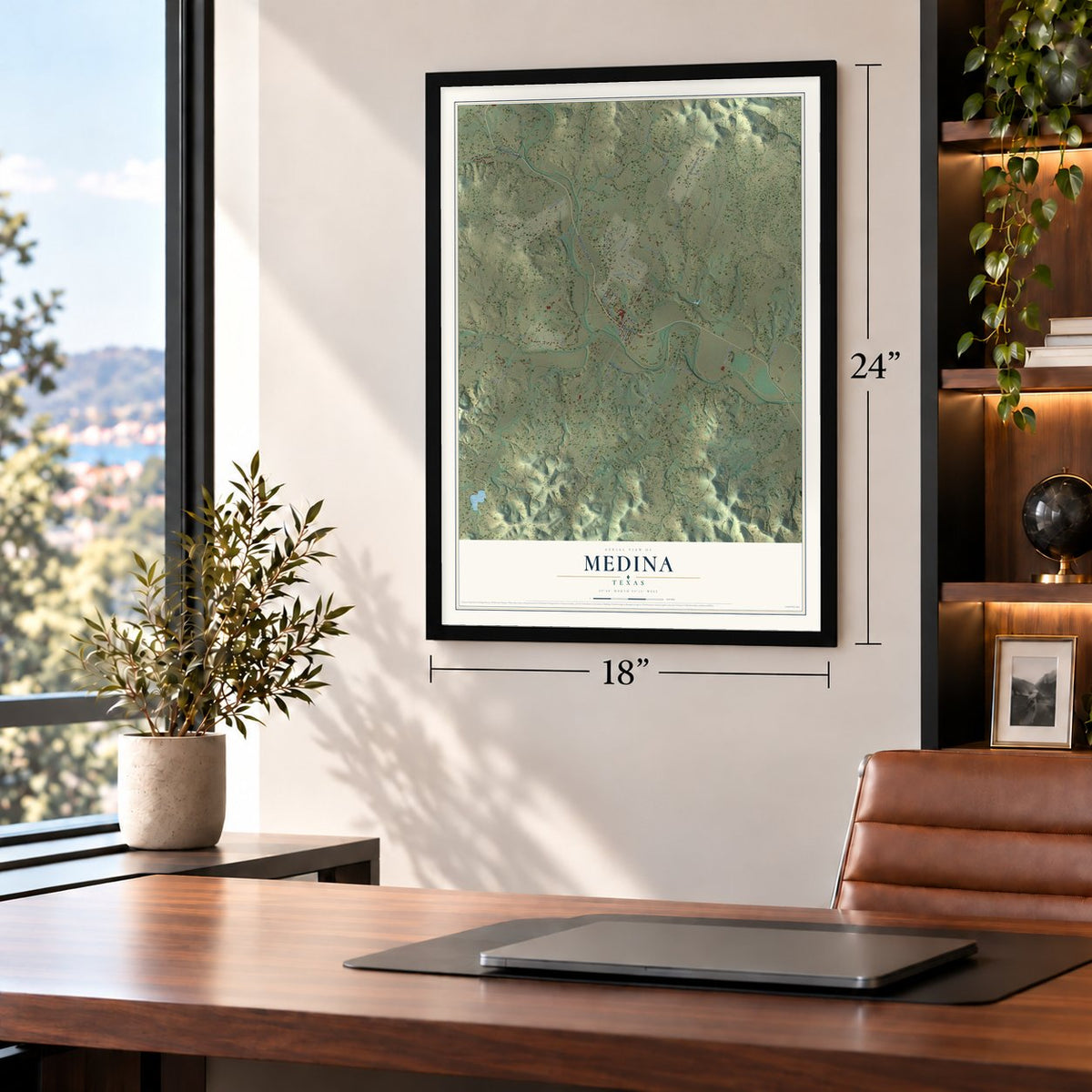 Medina, Bandera County, Texas map, 18 x 24 inch print in a black frame in a home office