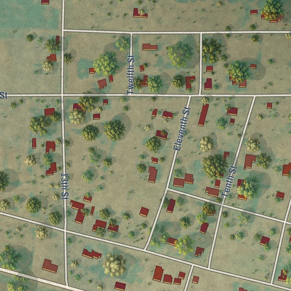Close-up of the map of Megargel, Texas print showing street and building detail