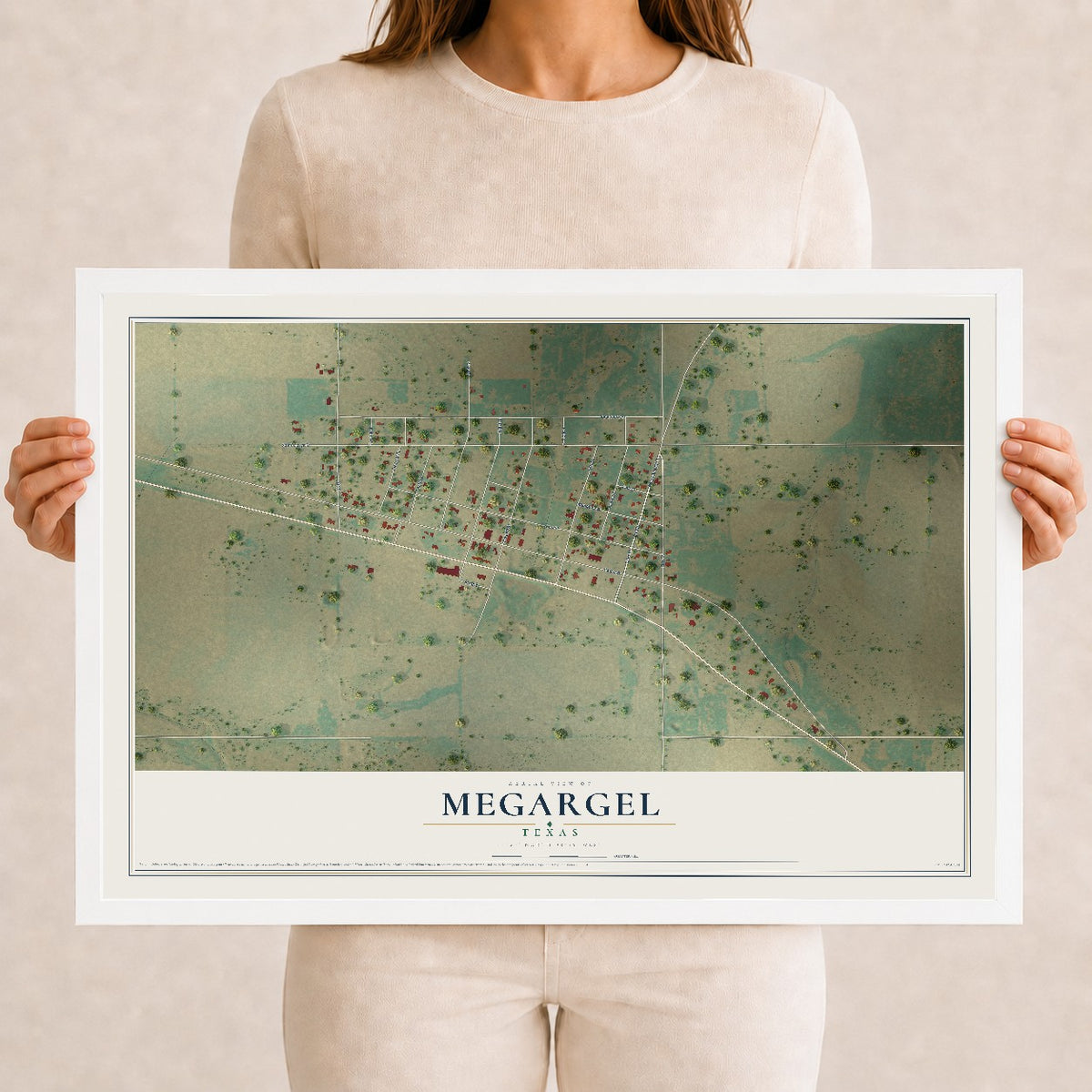 Map of Megargel, Texas, 12 x 18 inch print in a white wood frame