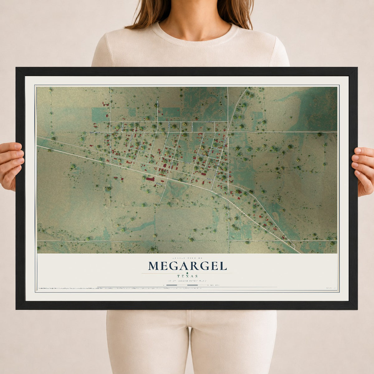 Map of Megargel, Texas, 18 x 24 inch print in a black wood frame