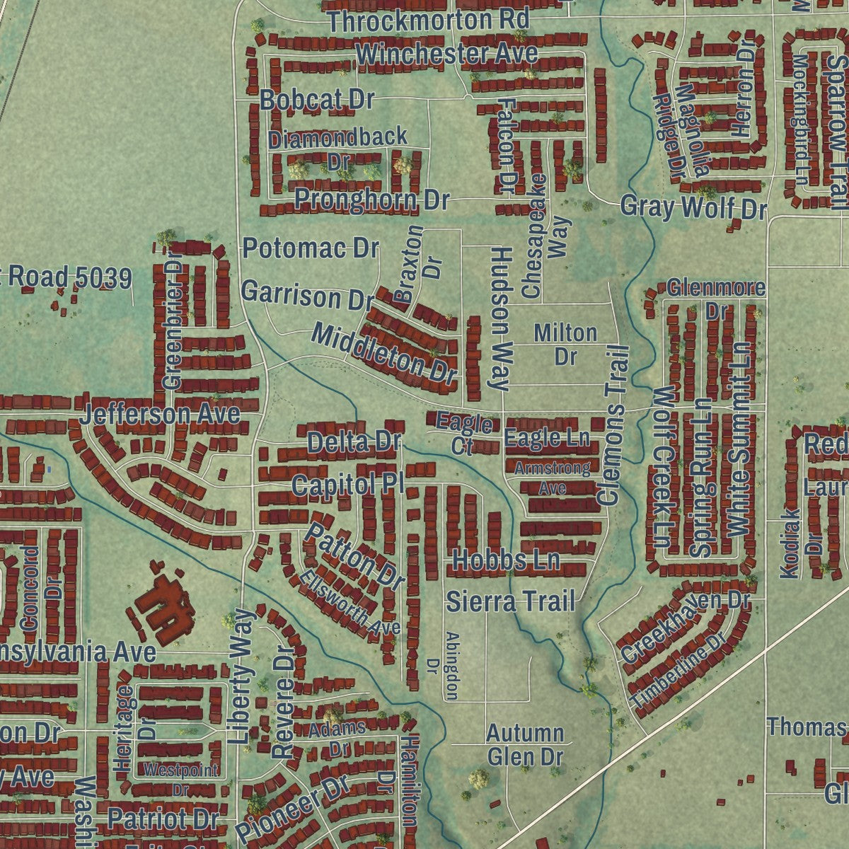 Close-up of the map of Melissa, Texas print showing street and building detail