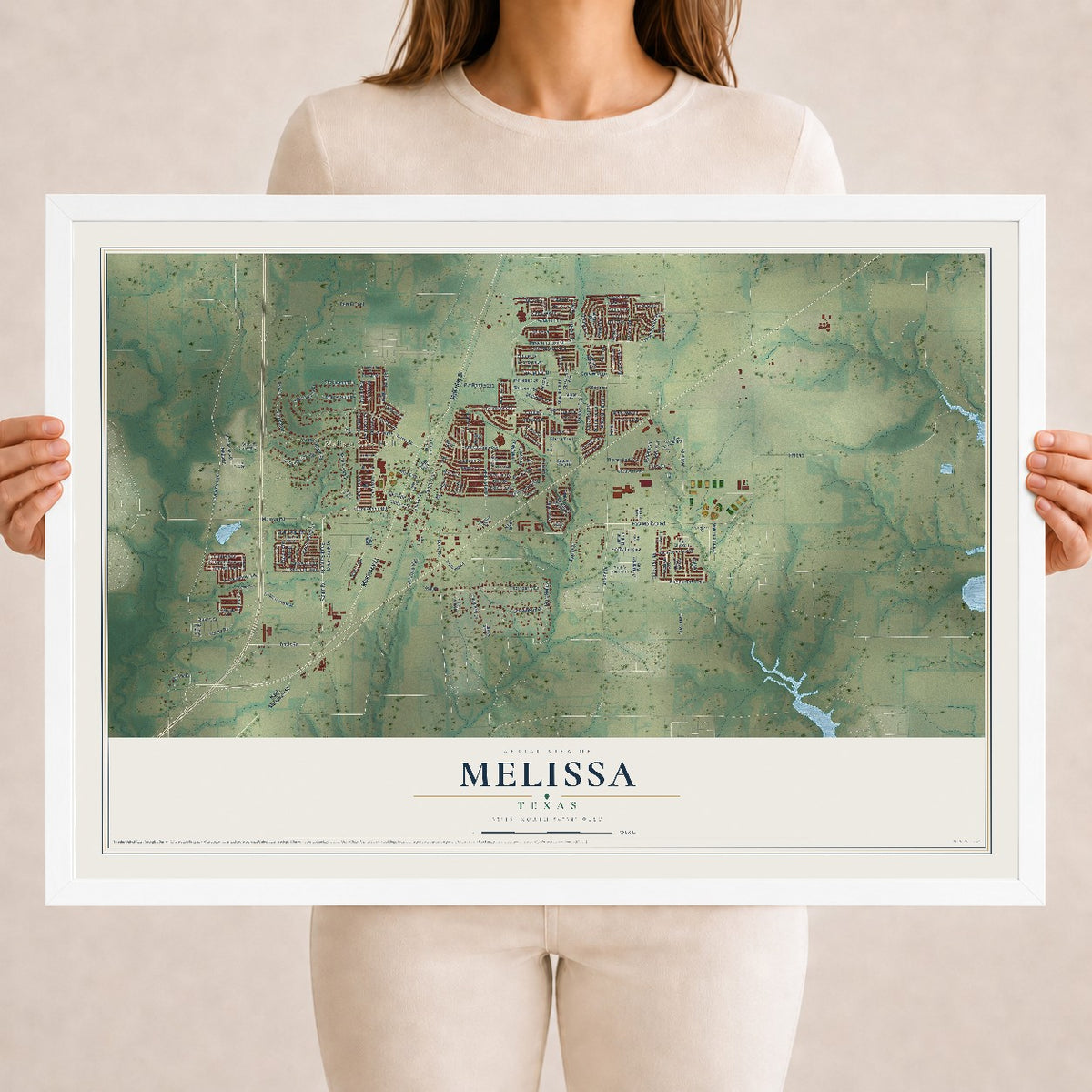 Map of Melissa, Texas, 18 x 24 inch print in a white wood frame