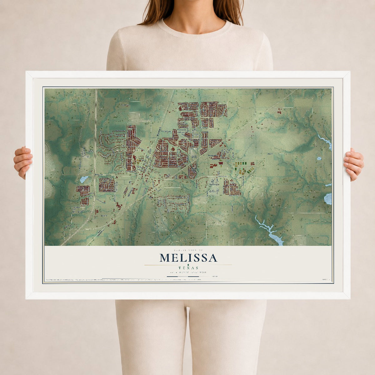 Map of Melissa, Texas, 24 x 36 inch print in a white wood frame