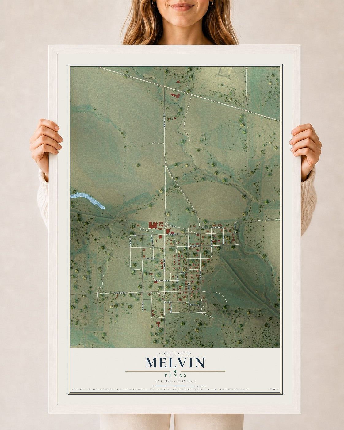 Map of Melvin, Texas, 24 x 36 inch print in a white wood frame