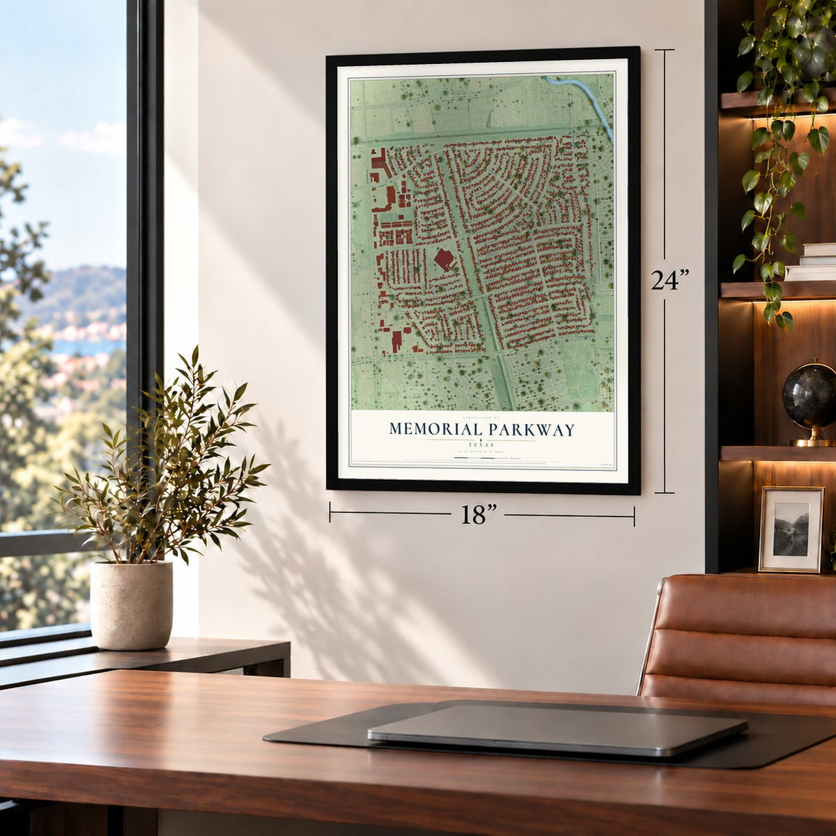 Memorial Parkway, Texas map, 18 x 24 inch print in a black frame in a home office