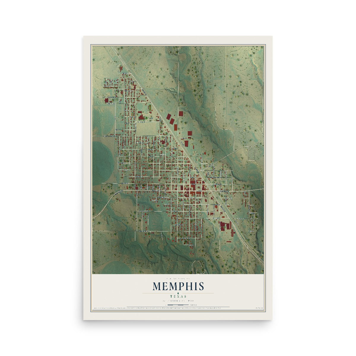Map of Memphis, Texas, 12 x 18 inch unframed archival matte print