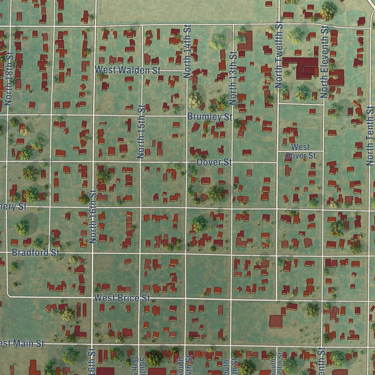 Close-up of the map of Memphis, Texas print showing street and building detail