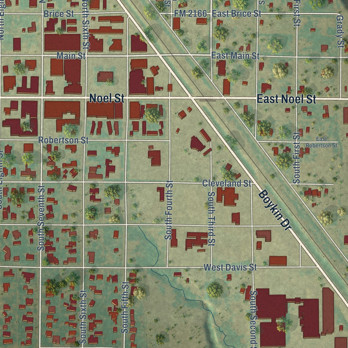 Second close-up of the map of Memphis, Texas print showing more streets and buildings
