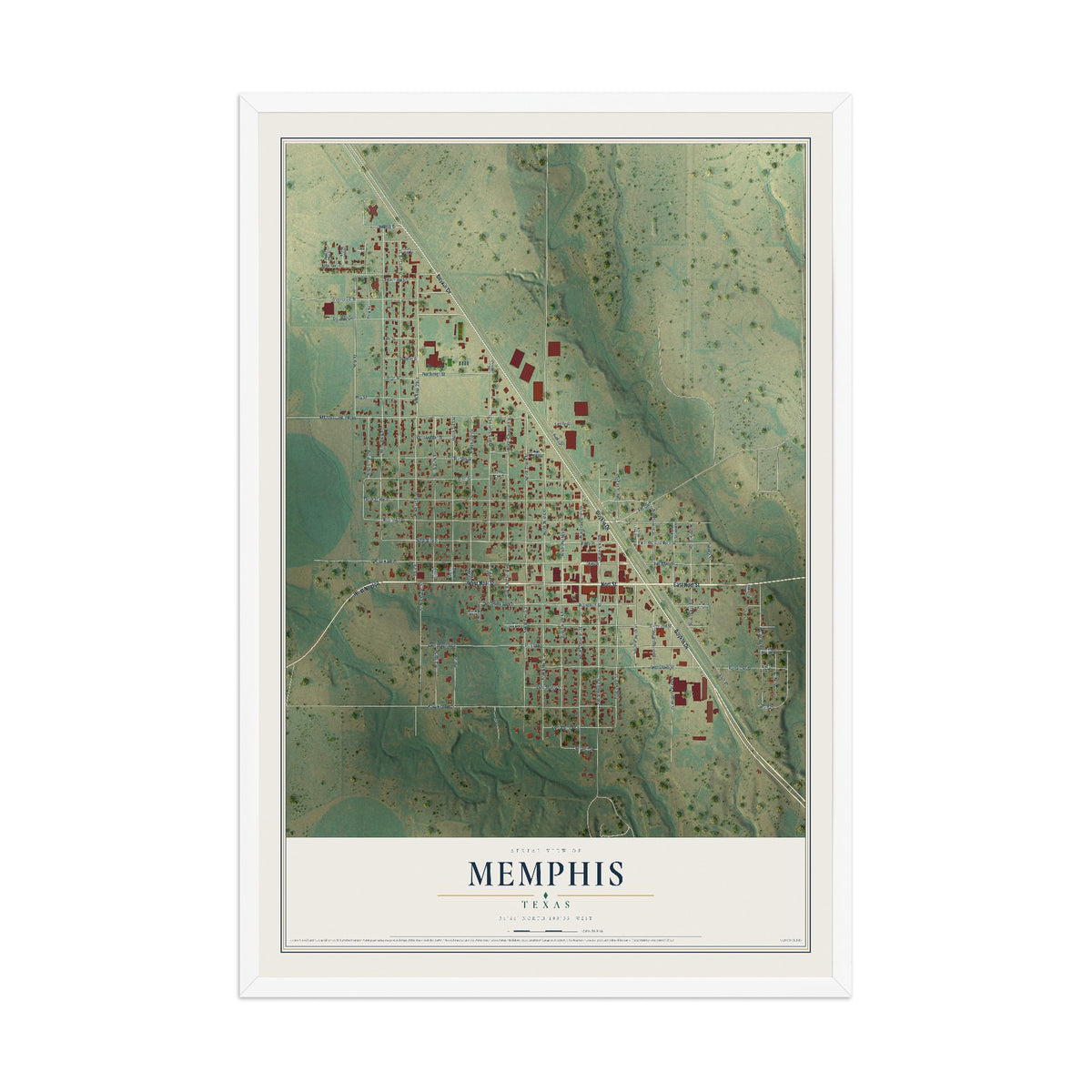 Map of Memphis, Texas, 12 x 18 inch print in a white wood frame