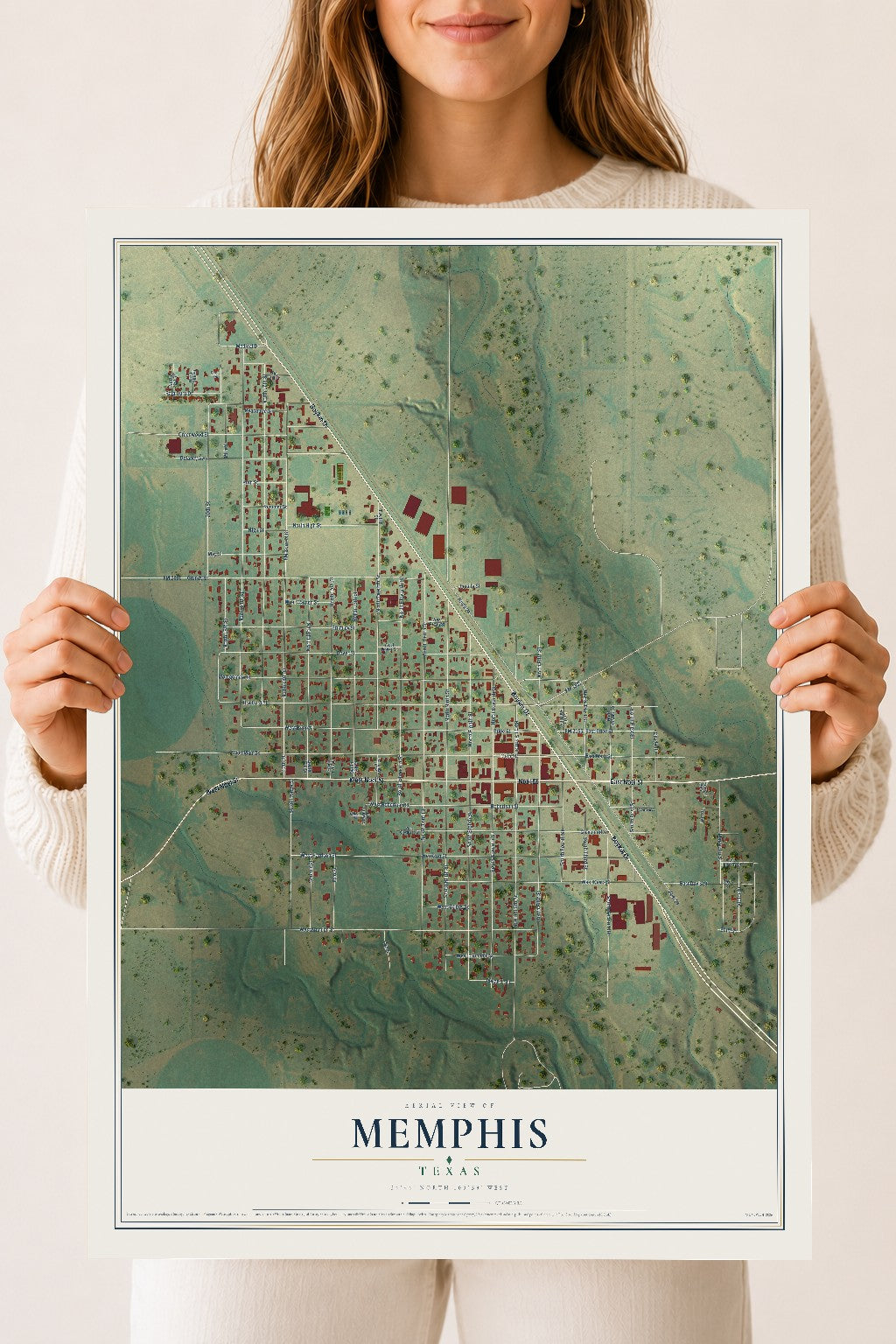 Map of Memphis, Texas, 18 x 24 inch unframed archival matte print