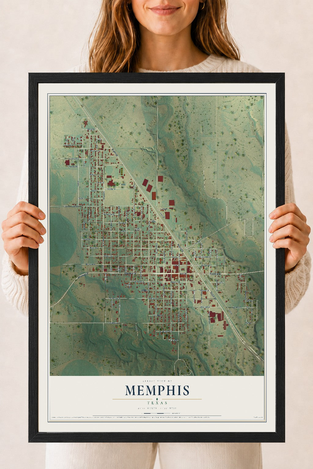Map of Memphis, Texas, 18 x 24 inch print in a black wood frame