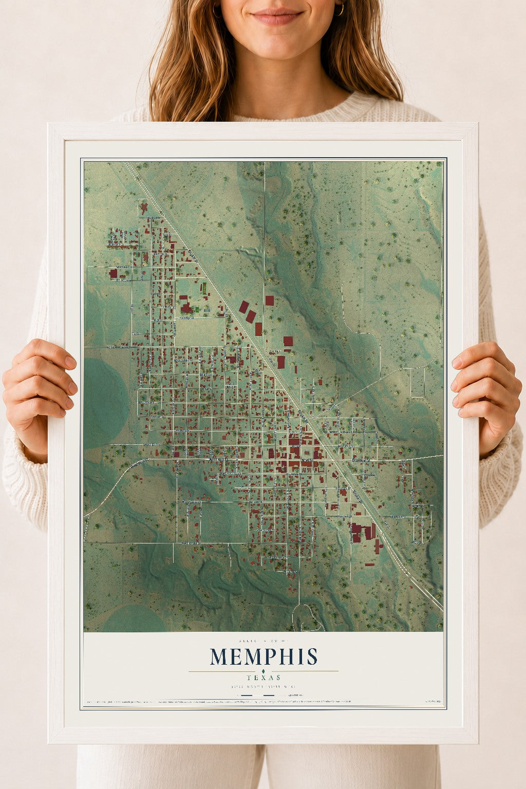 Map of Memphis, Texas, 18 x 24 inch print in a white wood frame