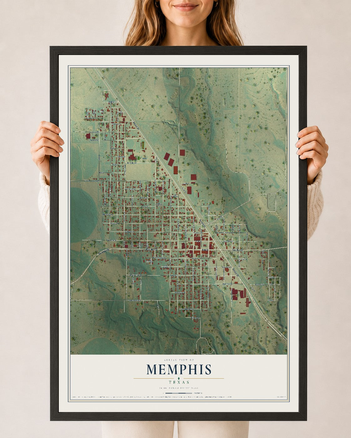 Map of Memphis, Texas, 24 x 36 inch print in a black wood frame