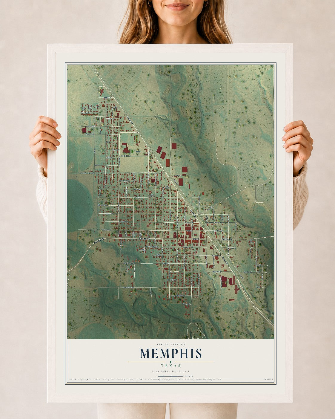 Map of Memphis, Texas, 24 x 36 inch print in a white wood frame