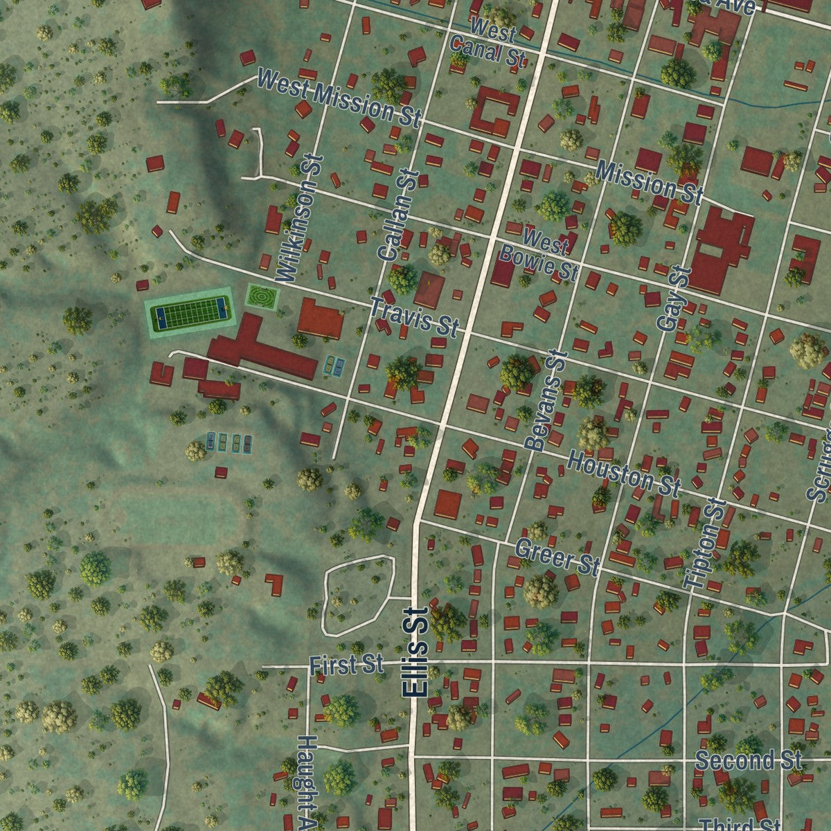 Close-up of the map of Menard, Texas print showing street and building detail