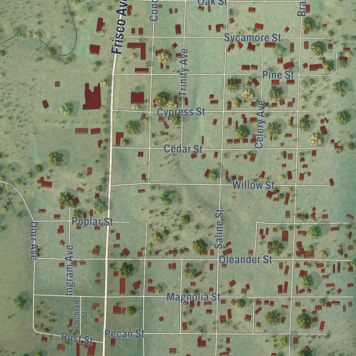 Second close-up of the map of Menard, Texas print showing more streets and buildings