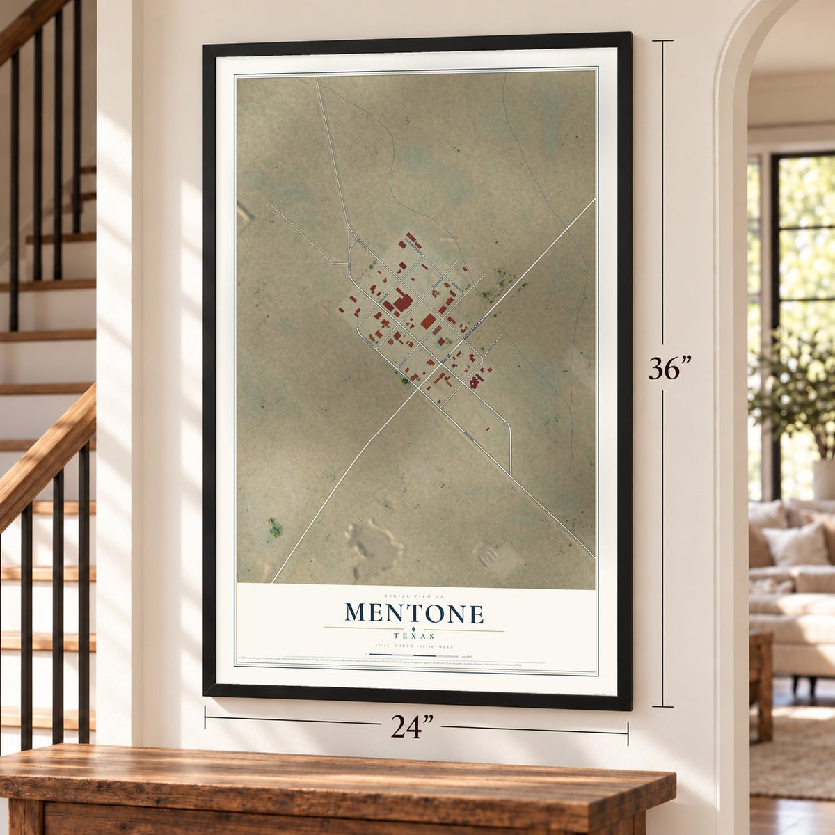 Mentone, Texas map, 24 x 36 inch print in a black frame by a staircase